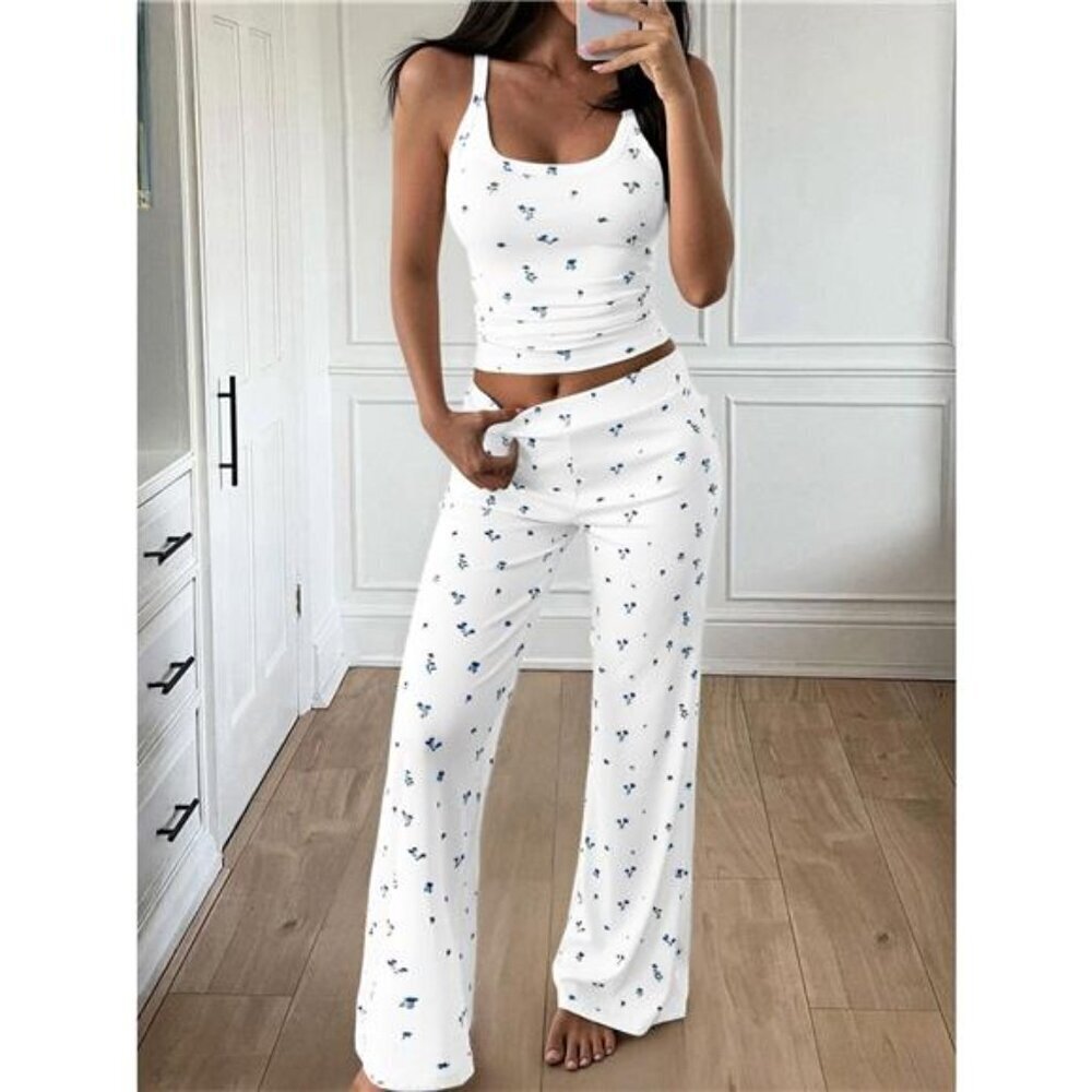 Floral Ribbed Cami and Wide Leg Pants Set